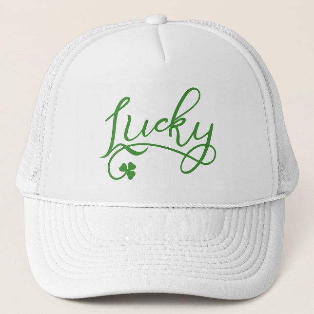 Lucky Shamrock St Patricks Day Trucker Hat (Front)