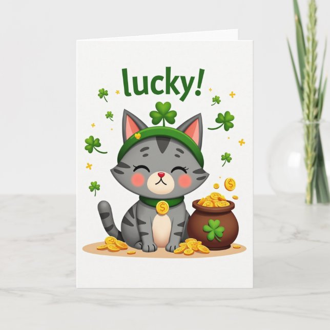 Lucky Shamrocks Cat Card (Front)