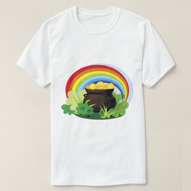 Lucky Shamrocks Clovers Rainbow Pot Of Gold T-Shirt (Design Front)