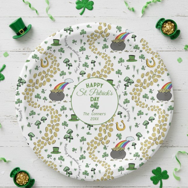Lucky Shamrocks & Gold Coins St. Patrick’s Day Paper Plates (Happy St Patrick's Day Paper Plates for Saint Patricks Day Party. Green Shamrocks, Rainbow Pattern)