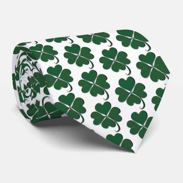 Lucky Shamrocks Green and White Neck Tie (Rolled)