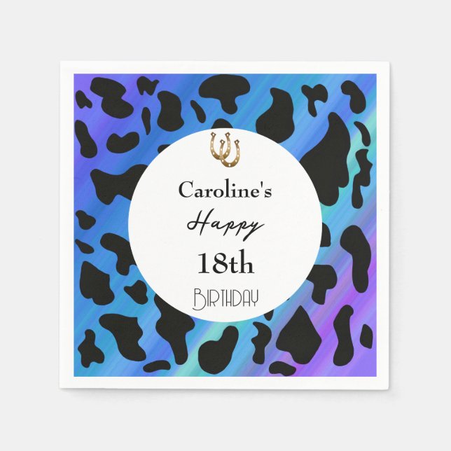 Lucky Shoe Horse & Black Cow Spots Blue Birthday  Napkins (Front)
