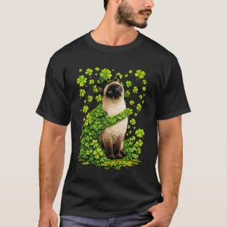 Lucky Siamese Cat with Shamrocks Clovers St Patric T-Shirt