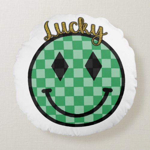 Lucky Smiley Face Green Gold Checkered Happy Face Round Pillow