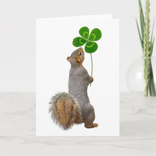 Lucky Squirrel with a Four Leaf Clover Card (Front)