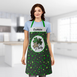 Lucky St Patrick Shamrock Green Black Cat Print   Apron