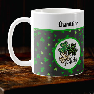 Lucky St Patrick Shamrock Green Black Cat Print Coffee Mug