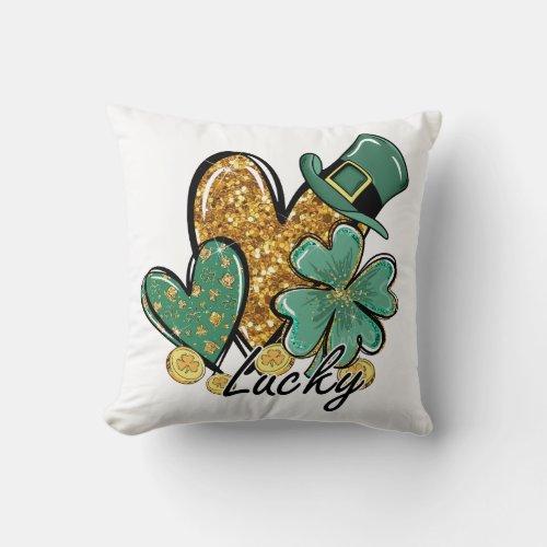 Lucky St Patricks Day Hearts Throw Pillow