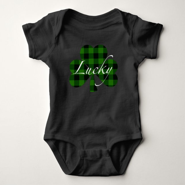 Lucky St. Patty’s Shamrocks | green plaid Baby Bodysuit (Front)