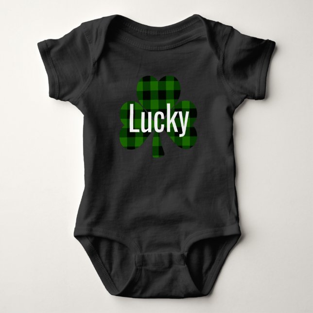 Lucky St. Patty’s Shamrocks | green plaid Baby Bodysuit (Front)