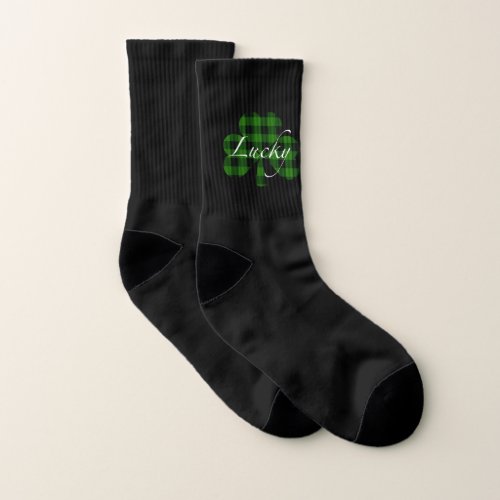 Lucky St Pattys Shamrocks  green plaid Socks