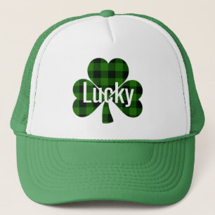 Lucky St. Patty’s Shamrocks   green plaid Trucker Hat