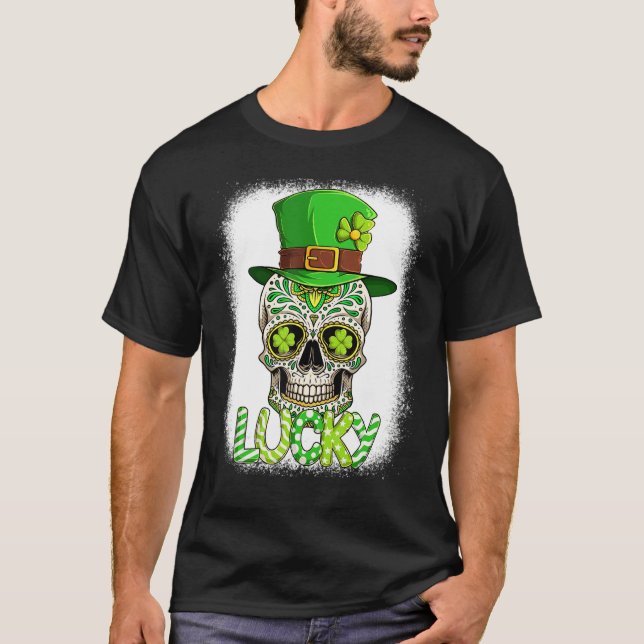 Lucky Sugar Skull Leprechaun Hat St Patrick's Day  T-Shirt (Front)