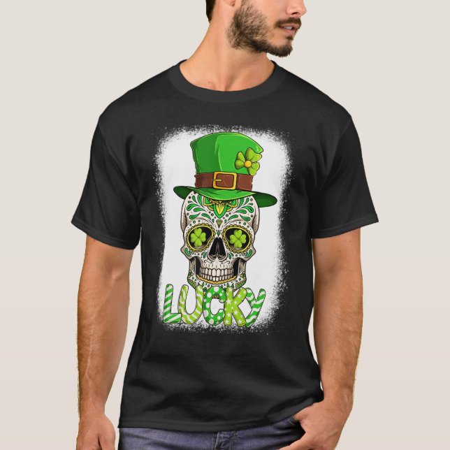 Lucky Sugar Skull Leprechaun Hat St Patrick's Day  T-Shirt (Front)