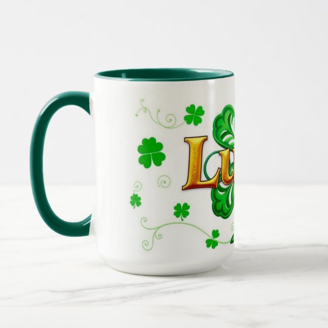 Lucky Text Shamrock Pattern St. Patrick's Mug (Left)