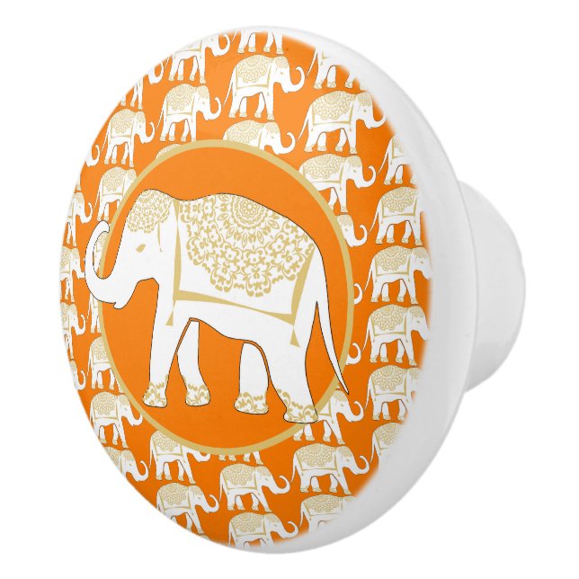 Lucky Thai White Elephant Orange Ceramic Knob (Right)