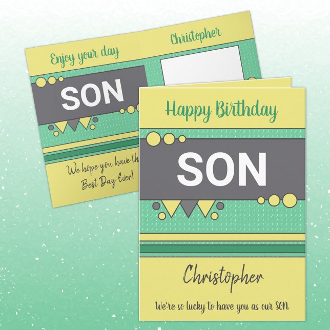 Lucky to have you son green and yellow birthday card (Creator Uploaded)