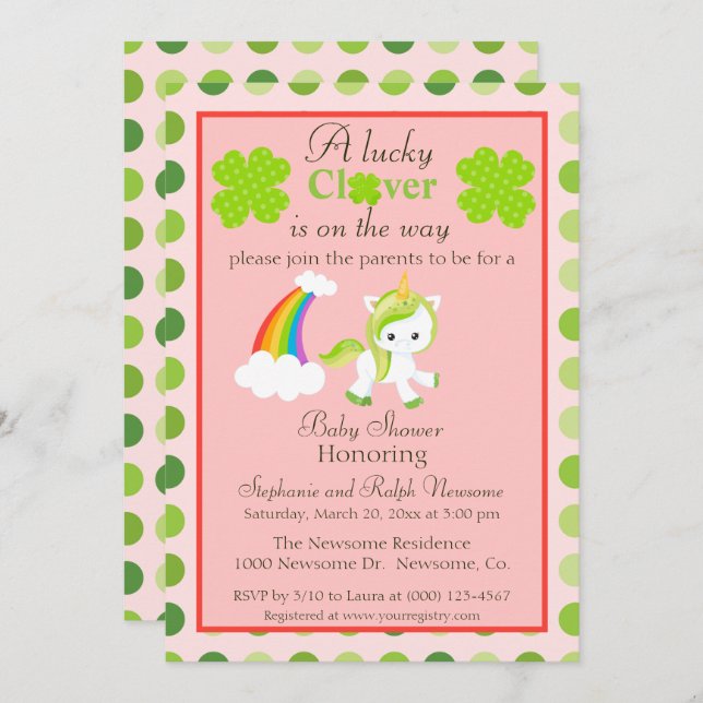 Lucky Unicorn St. Patrick's theme baby girl shower Invitation (Front/Back)