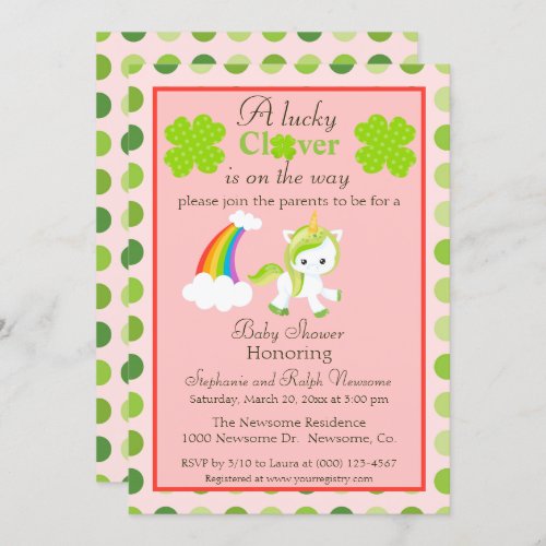 Lucky Unicorn St Patricks theme baby girl shower Invitation