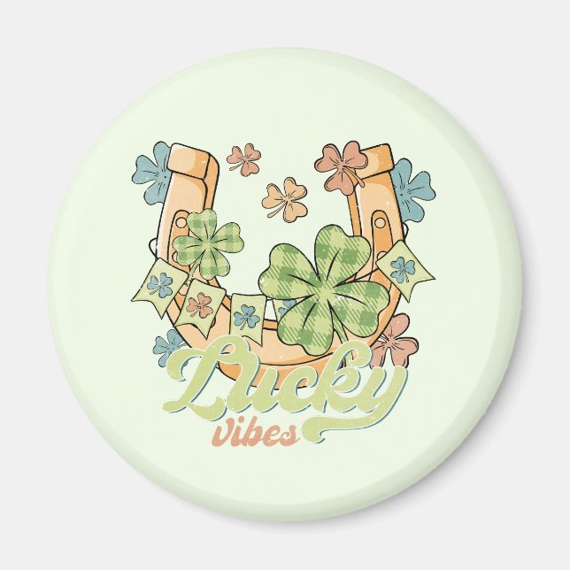 Lucky Vibes - Colorful Clovers & Golden Horseshoe Magnet (Front)