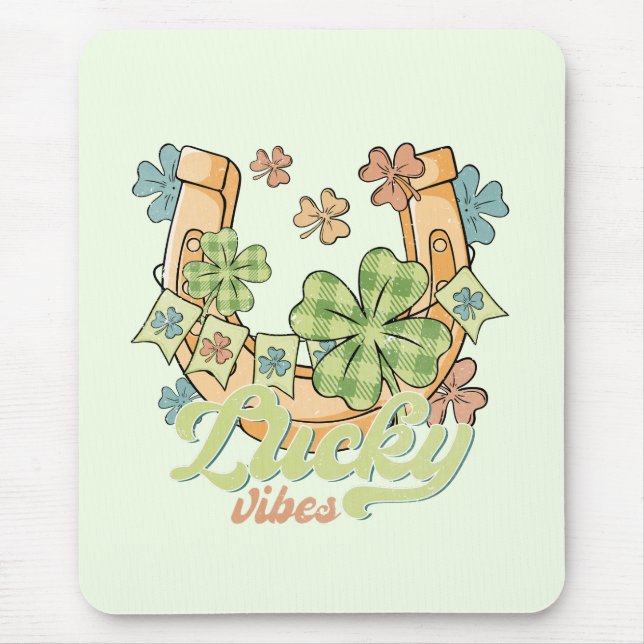 Lucky Vibes - Colorful Clovers & Golden Horseshoe Mouse Pad (Front)