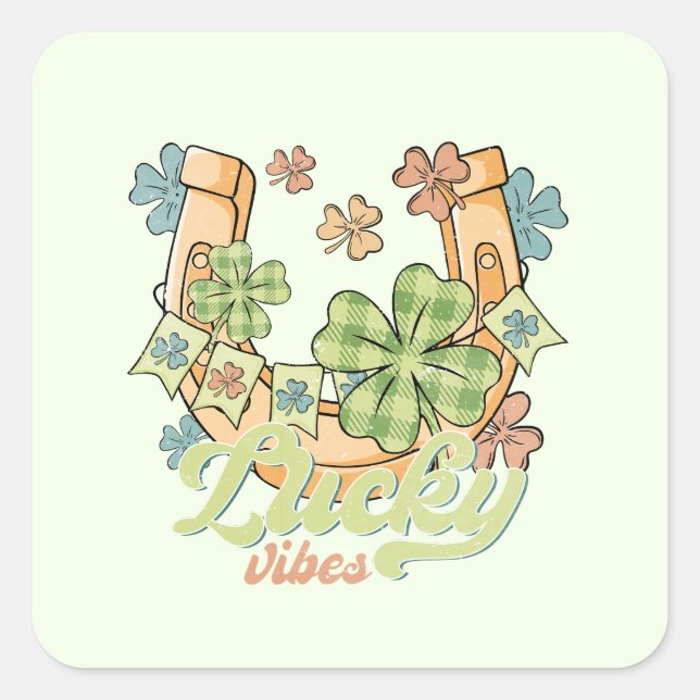 Lucky Vibes - Colorful Clovers & Golden Horseshoe Square Sticker (Front)