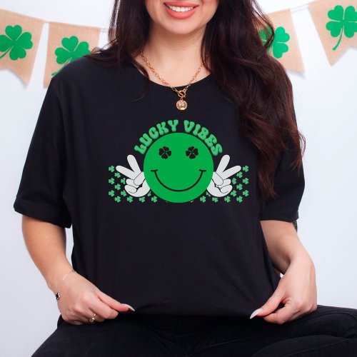 Lucky Vibes Green Smiling Face Shamrock T_Shirt