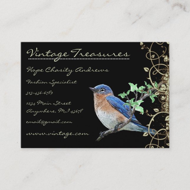 Lucky Vintage Bluebird Swirl Design Business Card (Front)
