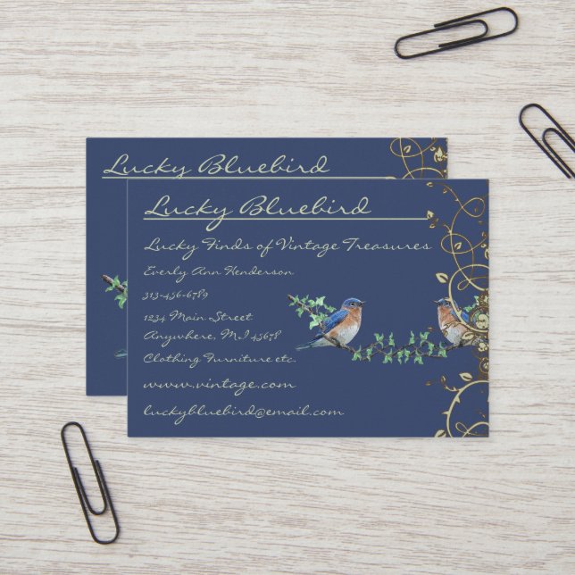 Lucky Vintage Bluebirds Swirl Design Business Card (Front/Back In Situ)