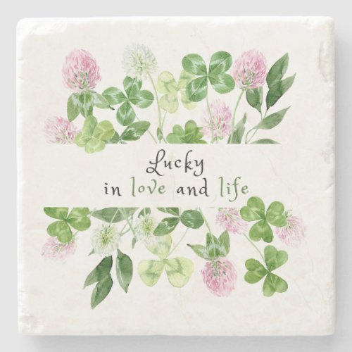 Lucky Watercolor Clover Flowers  Stone Coaster