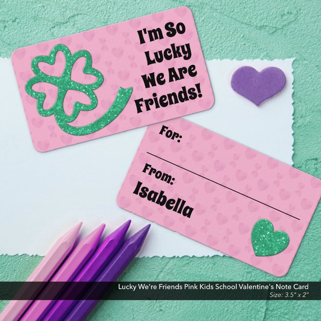Lucky We're Friends Pink Kids School Valentine's Note Card (I'm So Lucky We're Friends Pink Kids School/Classroom Valentine's Card)