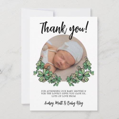 Lucky White Clovers Photo Baby Shower Thank You Card