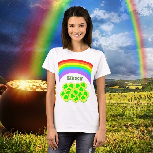 Lucky with Rainbows Gold and Shamrocks T_Shirt