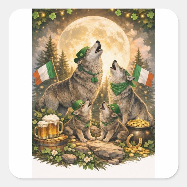 Lucky Wolf Pack – St. Patrick’s Day Family Howling Square Sticker (Front)