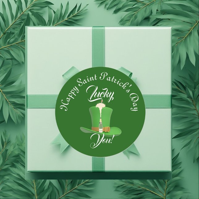 Lucky You Champagne Hat Happy Saint Patricks Day  Classic Round Sticker (Lucky You Champagne Hat Happy Saint Patricks Day Classic Round Sticker)