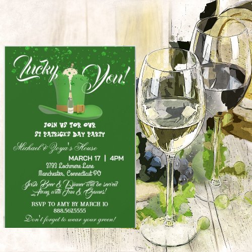 Lucky You Champagne Hat Saint Patricks Day Green  Invitation