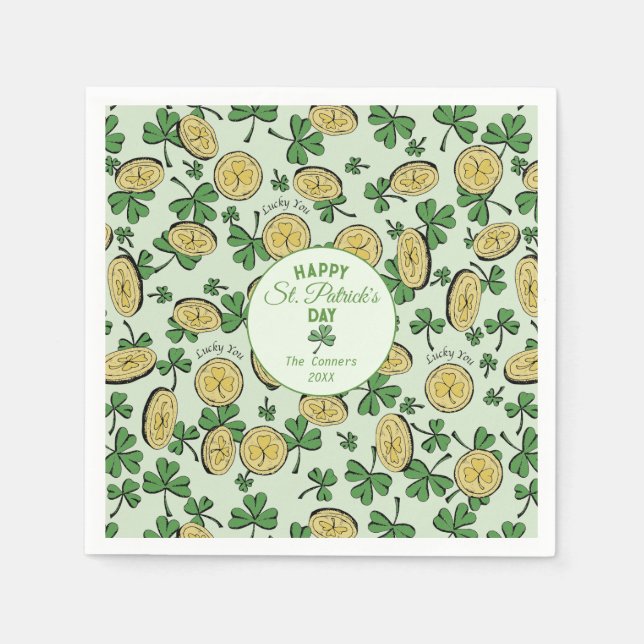 Lucky You Coins & Green Shamrocks St Patricks Day Napkins (Front)