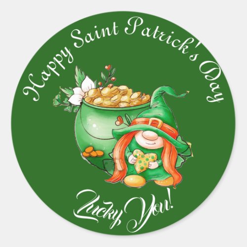 Lucky You Gnome Saint Patricks Day Pot Of Gold  Classic Round Sticker