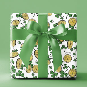Lucky You Green Clover Gold Coins St Patrick's Day Wrapping Paper