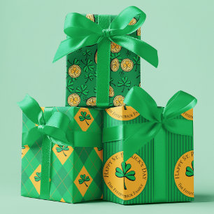 Lucky You Green Clover Gold Coins St Patrick's Day Wrapping Paper Sheets