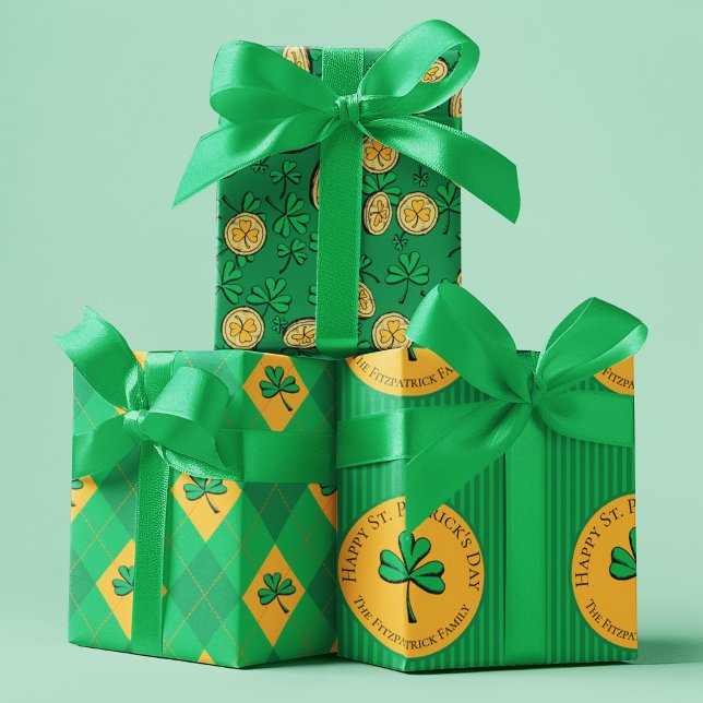Lucky You Green Clover Gold Coins St Patrick's Day Wrapping Paper Sheets (St Patrick's Day Lucky Green Clovers, Gold Shamrock Coins, Green Stripes and Green & Gold Argyle.)