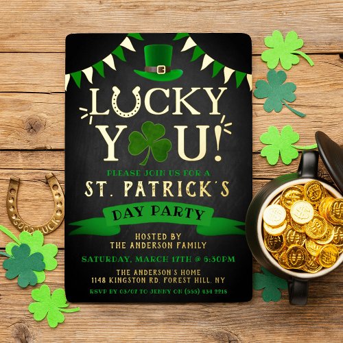 Lucky You St Patricks Day Party Real Foil Invitation