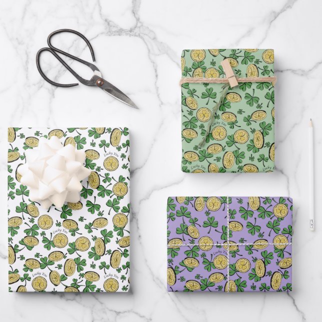 Lucky You St Patricks Day Shamrock Coins Clovers  Wrapping Paper Sheets (Front)
