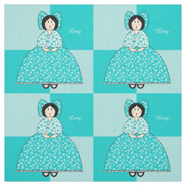 Lucy Doll With Aqua Polka Dot Background Fabric (Swatch)