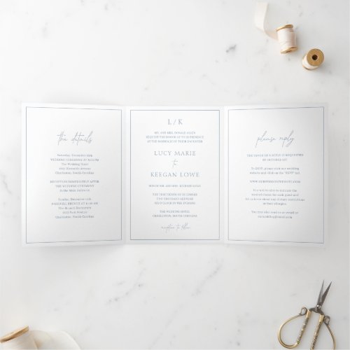 Lucy Dusty Blue Classic Elegant Wedding Tri_Fold Invitation