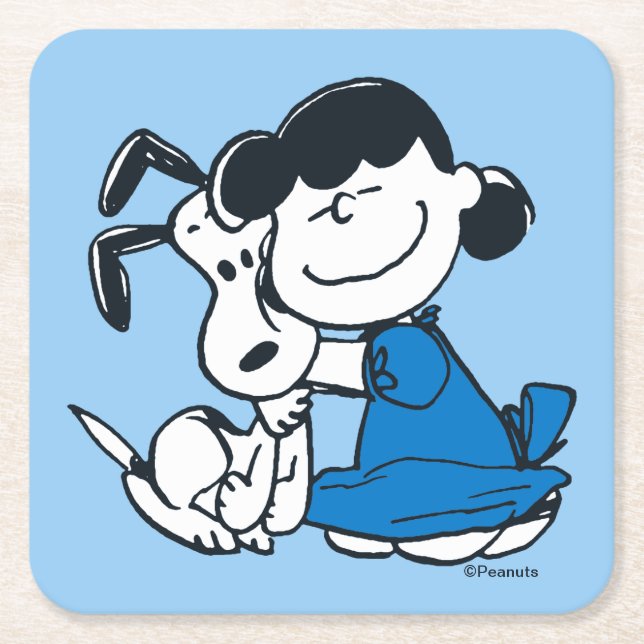 Lucy Hugging Snoopy Square Paper Coaster (Front)