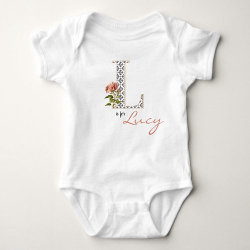 Lucy Name Reveal Floral Letter L Girl Whimsical Baby Bodysuit