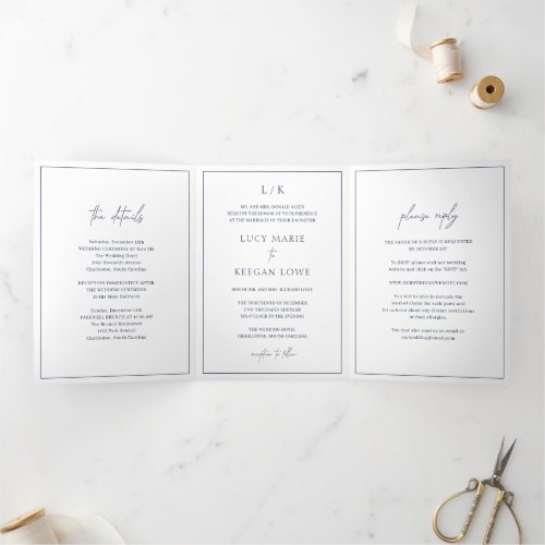 Lucy Navy Blue Classic Elegant Wedding Tri_Fold Invitation