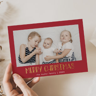 LUCY Red Gold Foil Photo Festive Merry Christmas Foil Holiday Card
