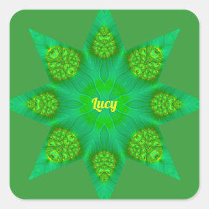 LUCY ~ WOW! Octagonal Green Star Fractal Design ~ Square Sticker